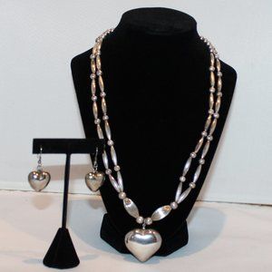 silver tone metal double strand beaded necklace w/ heart pendant & earrings set
